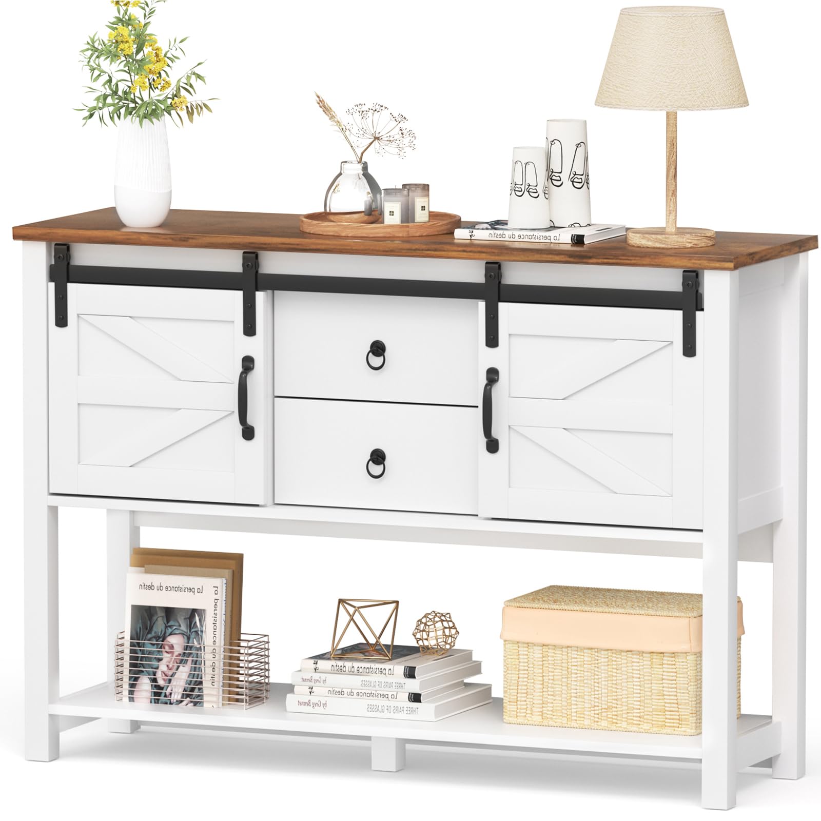 Entryway Table with Sliding Barn Doors and 2 Drawers, 46”Farmhouse Console Table with Storage Shelf, White Rustic Sofa Table Entryway Cabinet for Dining Room, Living Room, Entryway