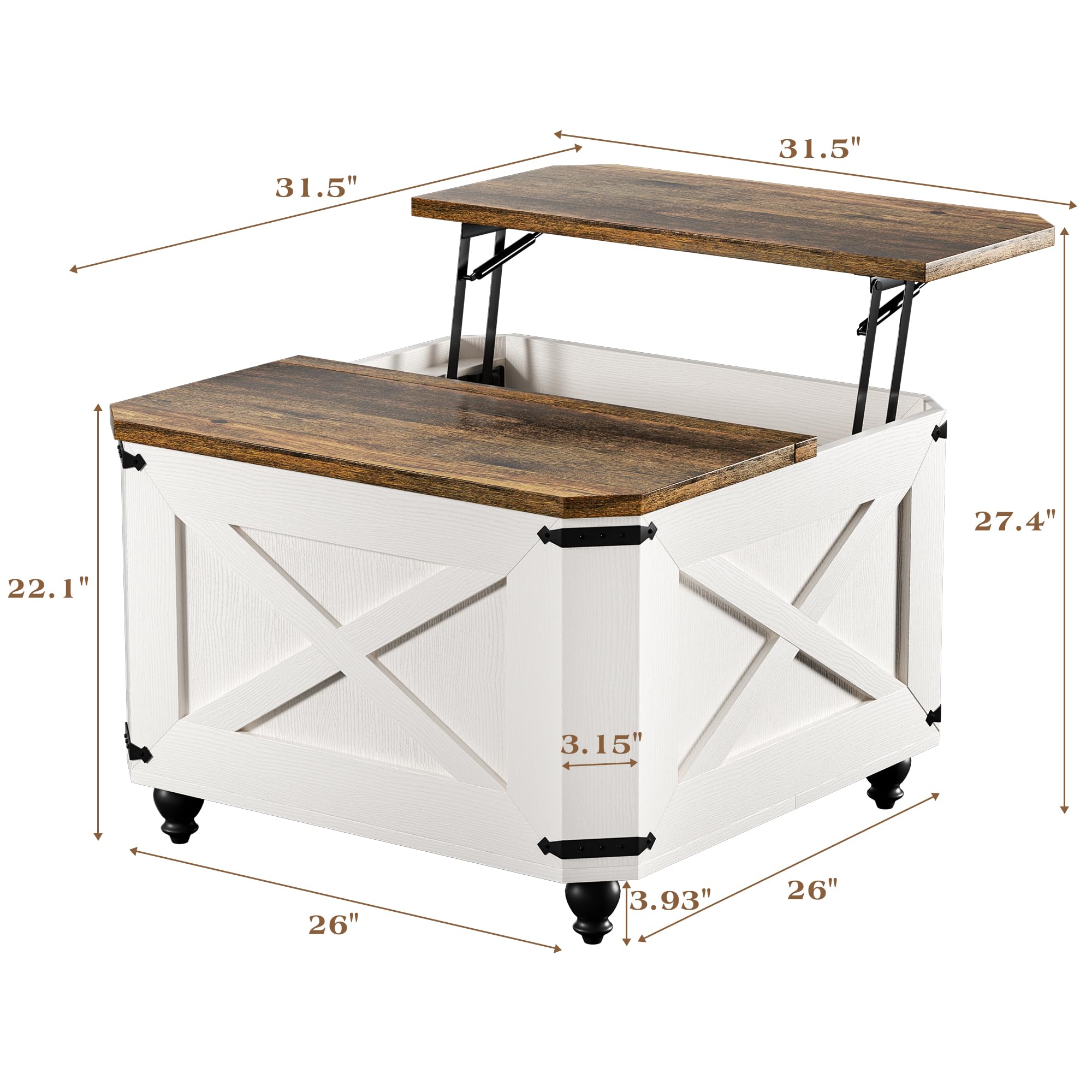 Farmhouse Lift Top Coffee Table with Hidden Storage, Wood Square Coffee Table for Living Room, Modern Center Table with Legs for Home Office, Bedroom, White