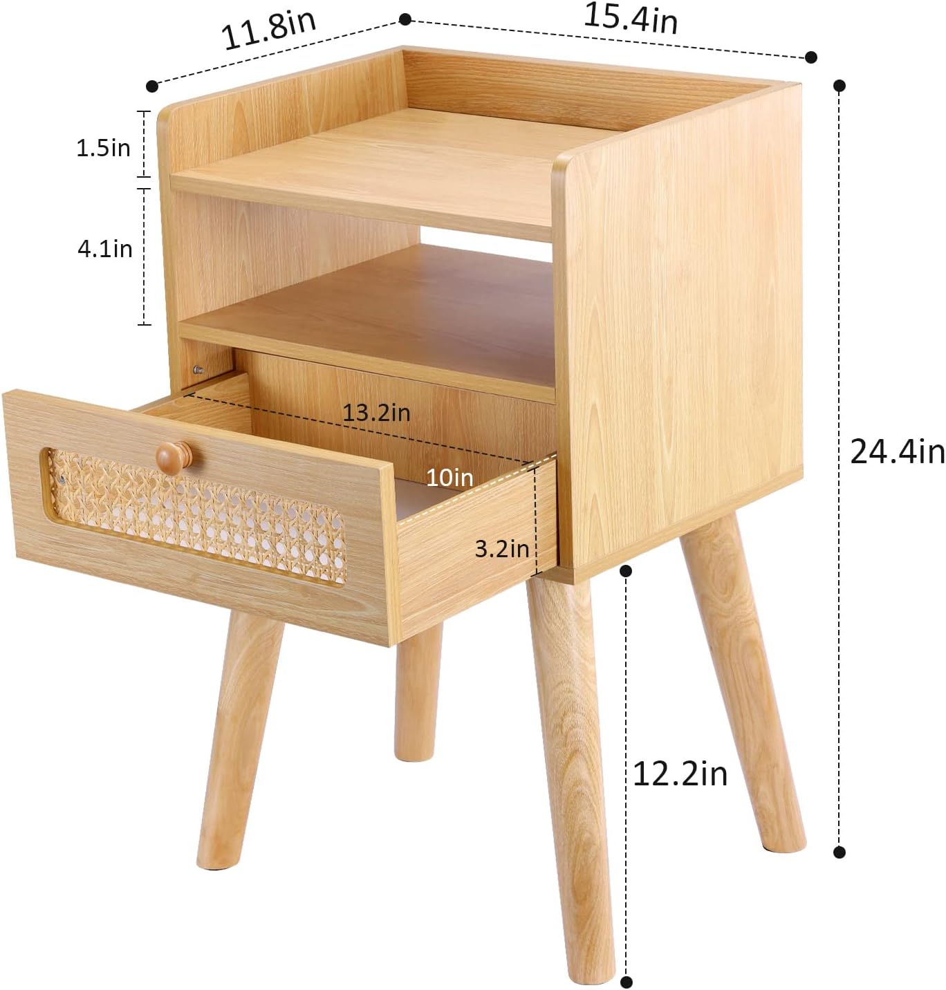 EOYUTLLY Rattan Nightstand Side Table with Storage Drawer and Open Shelf, Bedside Table for Solid Wood Legs, Modern End Table for Living Room, Bedroom and Small Space, Natural