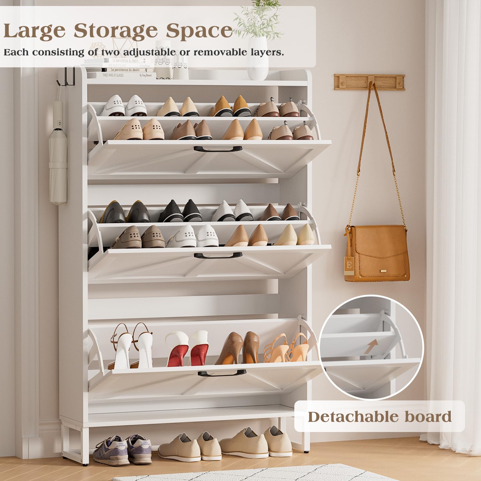EOYUTLLY Shoe Cabinet Storage for Entryway, Narrow Shoe Rack Cabinet with 3 Flip Drawers & Coat Rack, Hidden Shoe Storage Cabinet, 2-in-1 Hall Tree Slim Freestanding Shoe Rack Organizer, Rustic Brown
