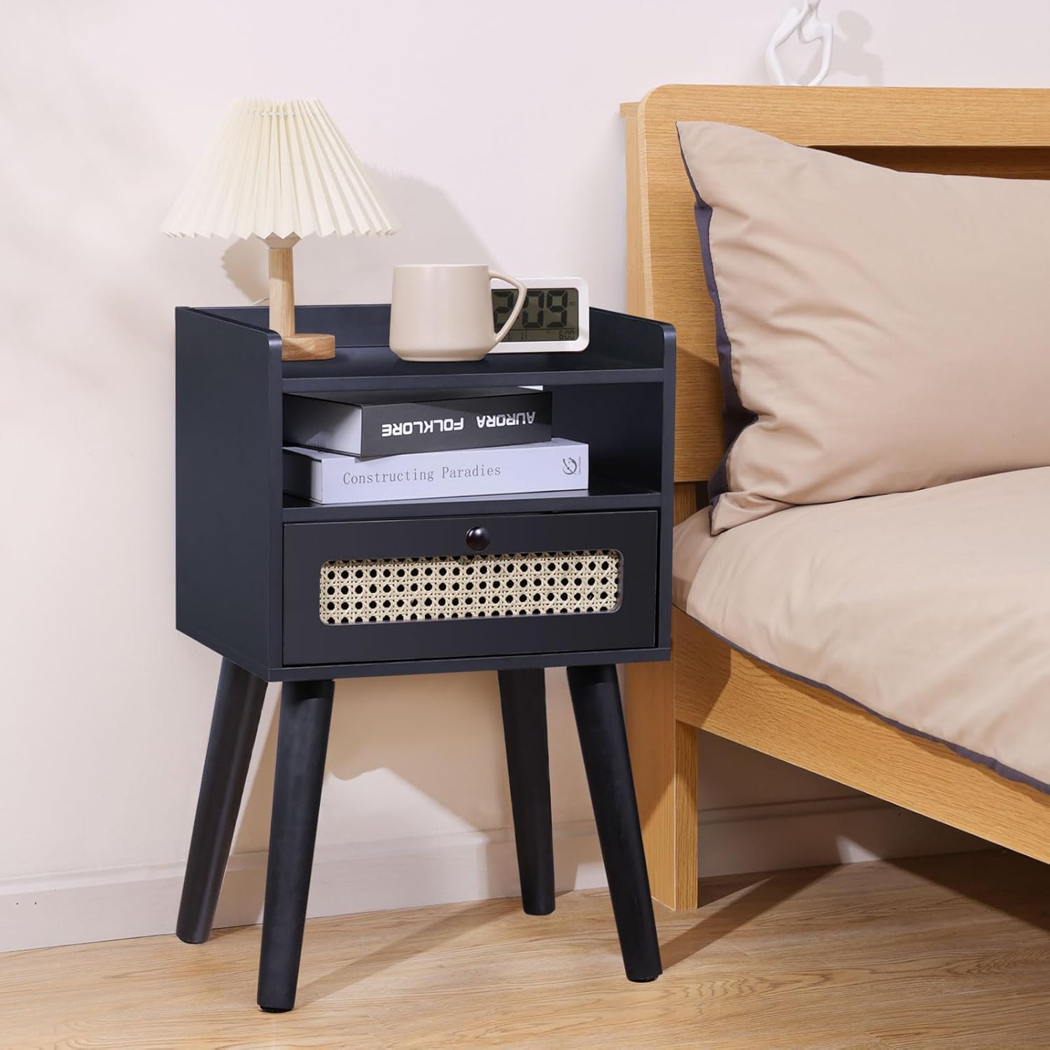 Urban Deco Nightstand,Wooden Bedside Table with Fabric Drawer,Modern End Table for Bedroom and Living Room.(Black)