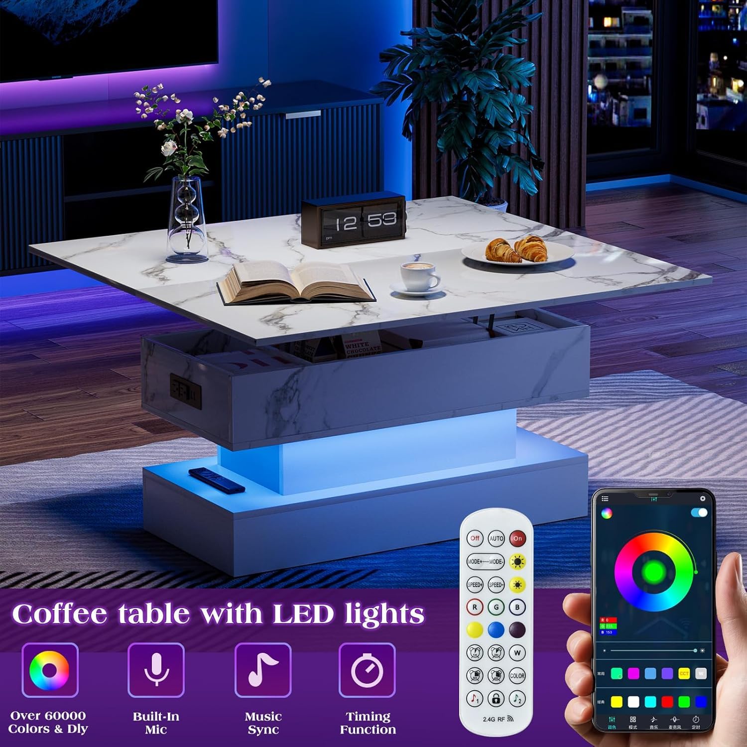 39.4" Lift Top Coffee Table with Charging Station, High-Glossy Marbling Print Center Table with Hidden Compartment Storage, LED Coffee Table for Living Room, White