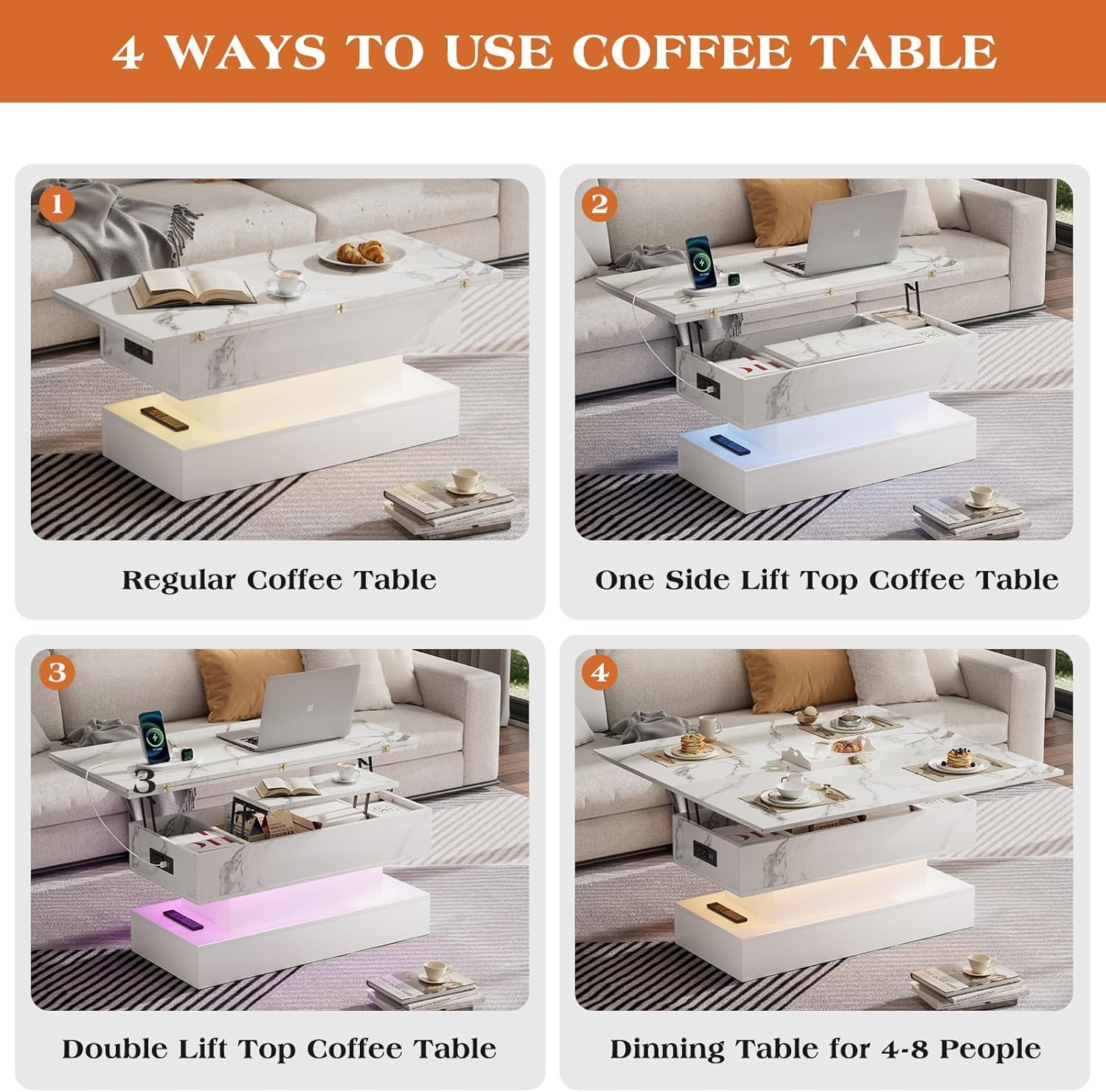 39.4" Lift Top Coffee Table with Charging Station, High-Glossy Marbling Print Center Table with Hidden Compartment Storage, LED Coffee Table for Living Room, White