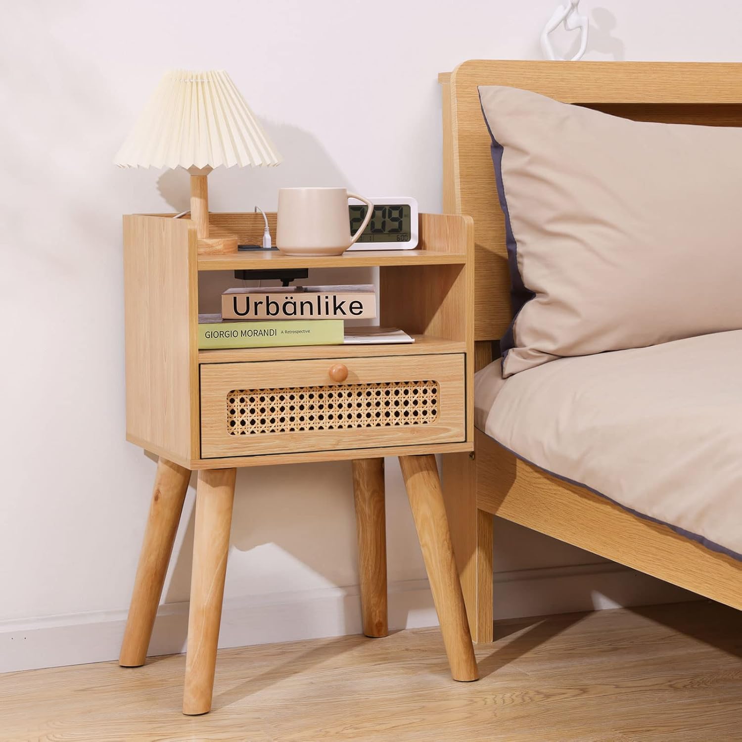 Urban Deco Nightstand with Charging Station,Wooden Bedside Table with Drawer,Modern End Table for Bedroom and Living Room.