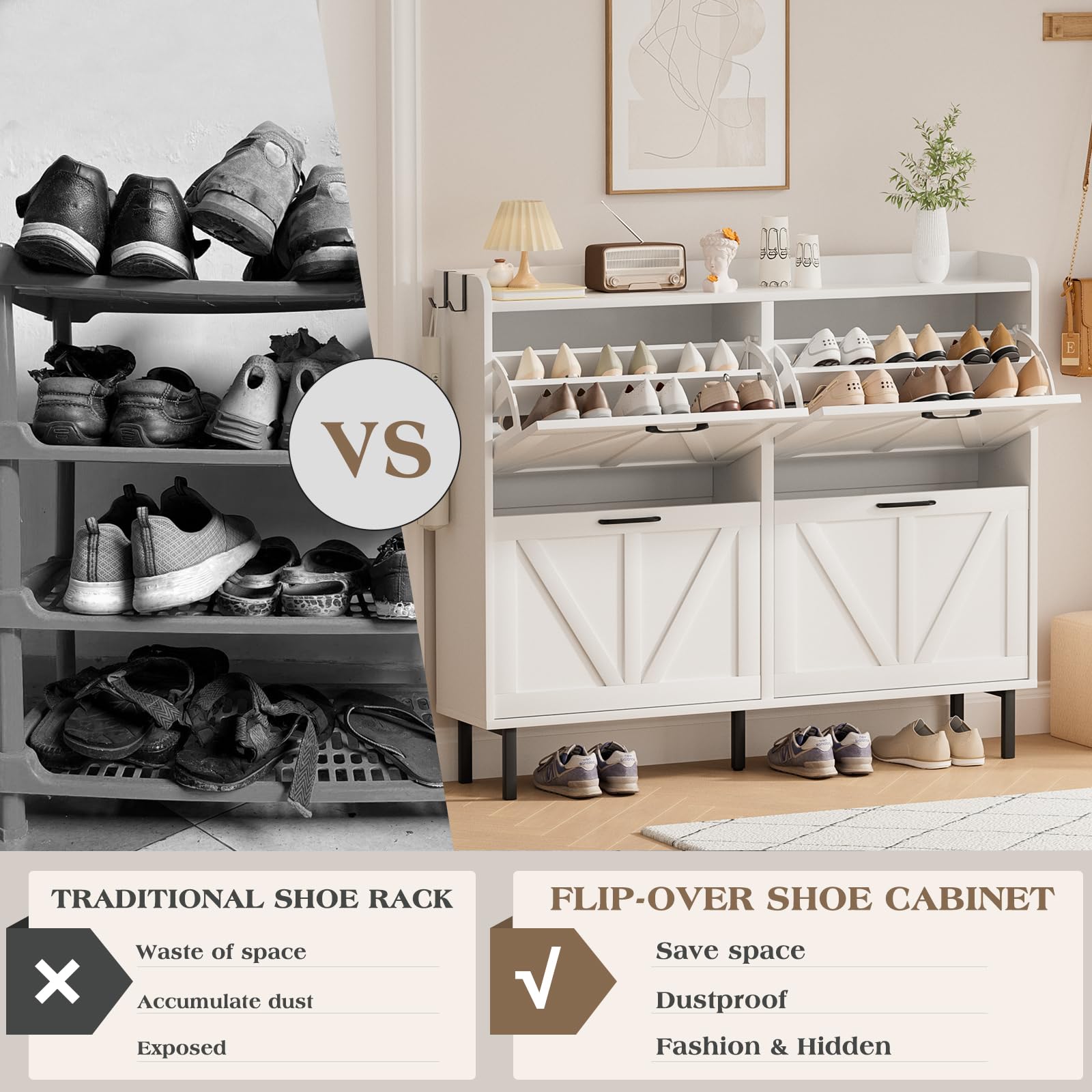 EOYUTLLY Shoe Cabinet Storage for Entryway, Narrow Shoe Rack Cabinet with 3 Flip Drawers & Coat Rack, Hidden Shoe Storage Cabinet, 2-in-1 Hall Tree Slim Freestanding Shoe Rack Organizer, Rustic Brown