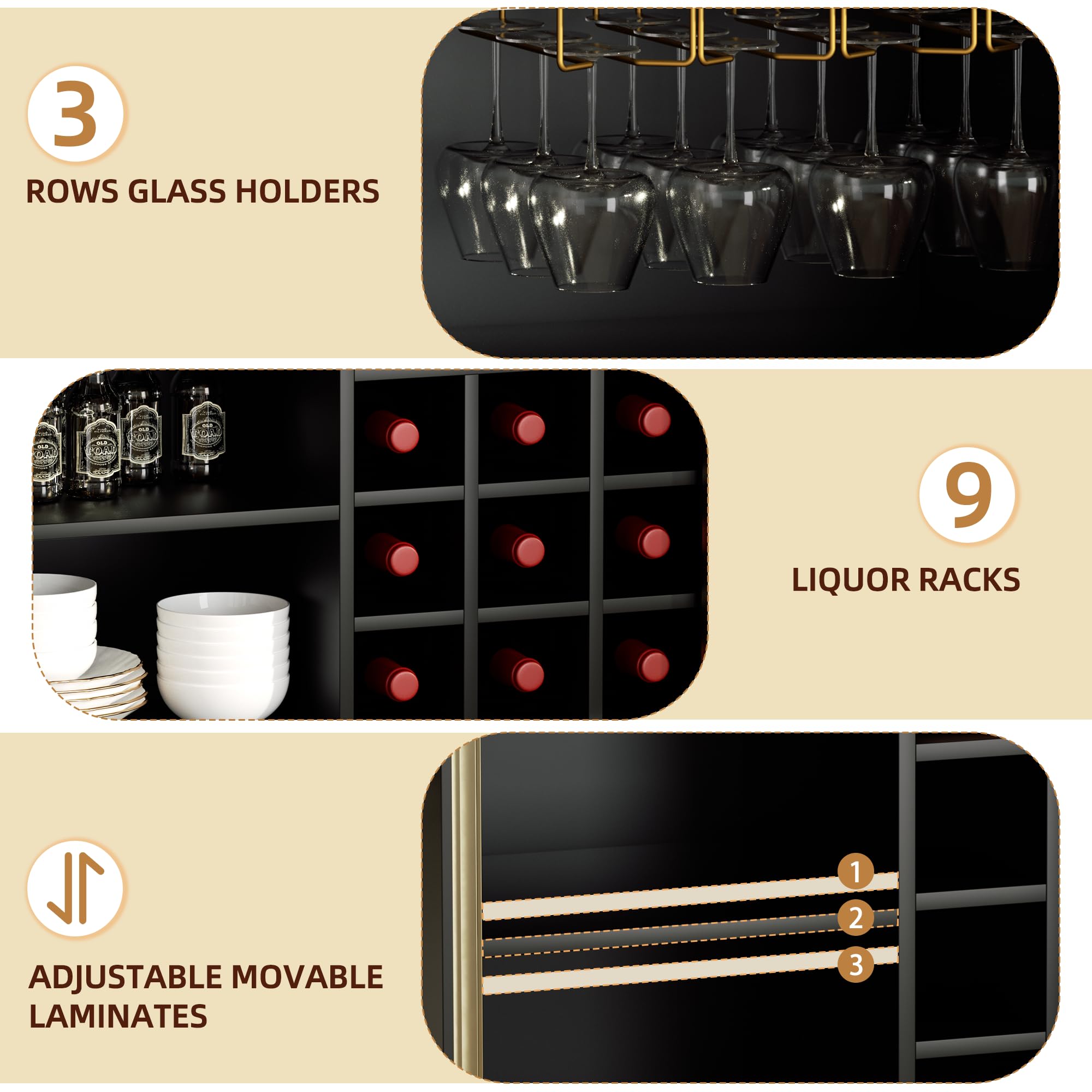 Coffee Bar Cabinet with Aluminum Frame Glass Door, Black Wine Bar & Liquor Cabinet, Modern Black Sideboard Buffet Cabinet with Storage for Kitchen, Dining Room & Living Room