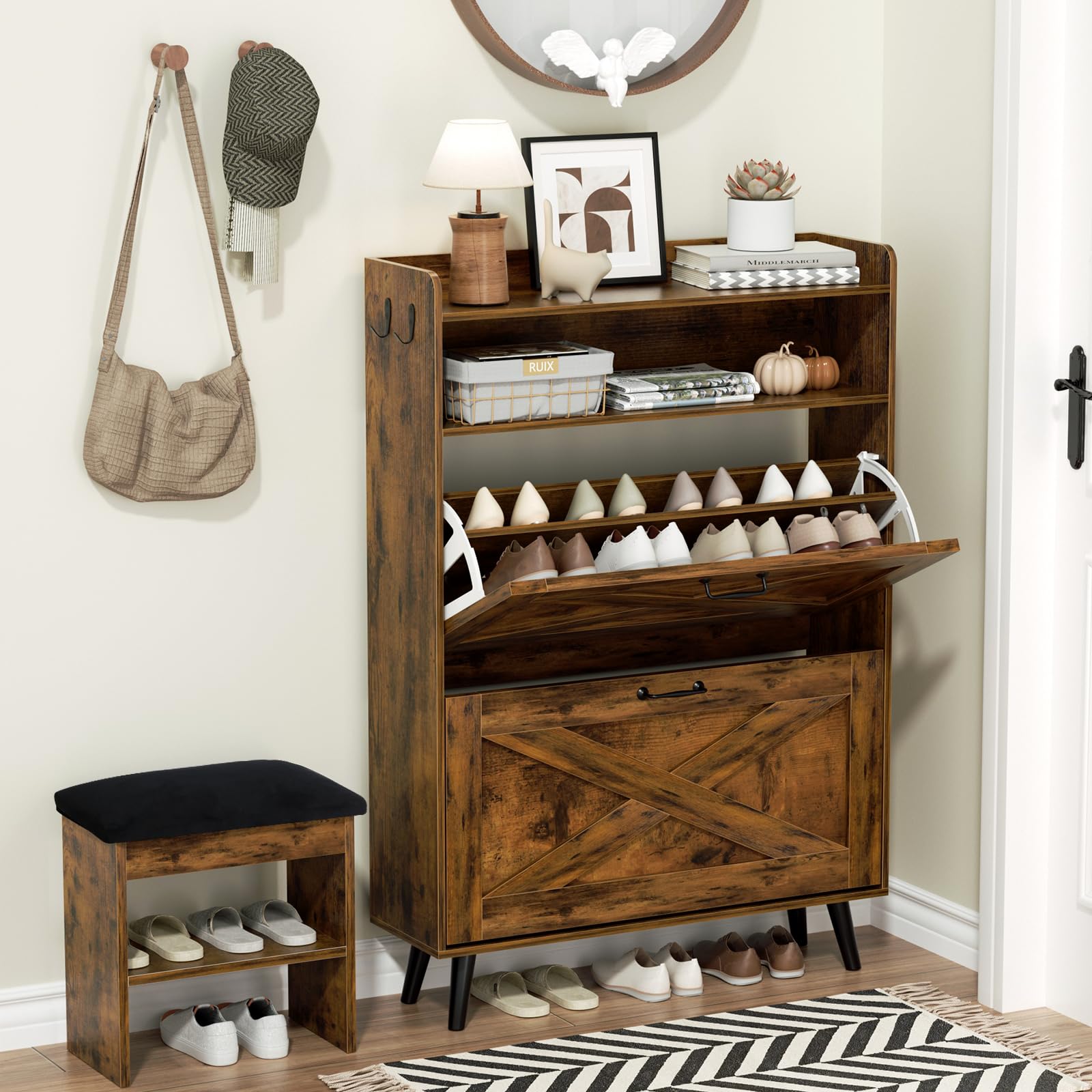 EOYUTLLY Shoe Cabinet Storage for Entryway, Narrow Shoe Rack Cabinet with 3 Flip Drawers & Coat Rack, Hidden Shoe Storage Cabinet, 2-in-1 Hall Tree Slim Freestanding Shoe Rack Organizer, Rustic Brown