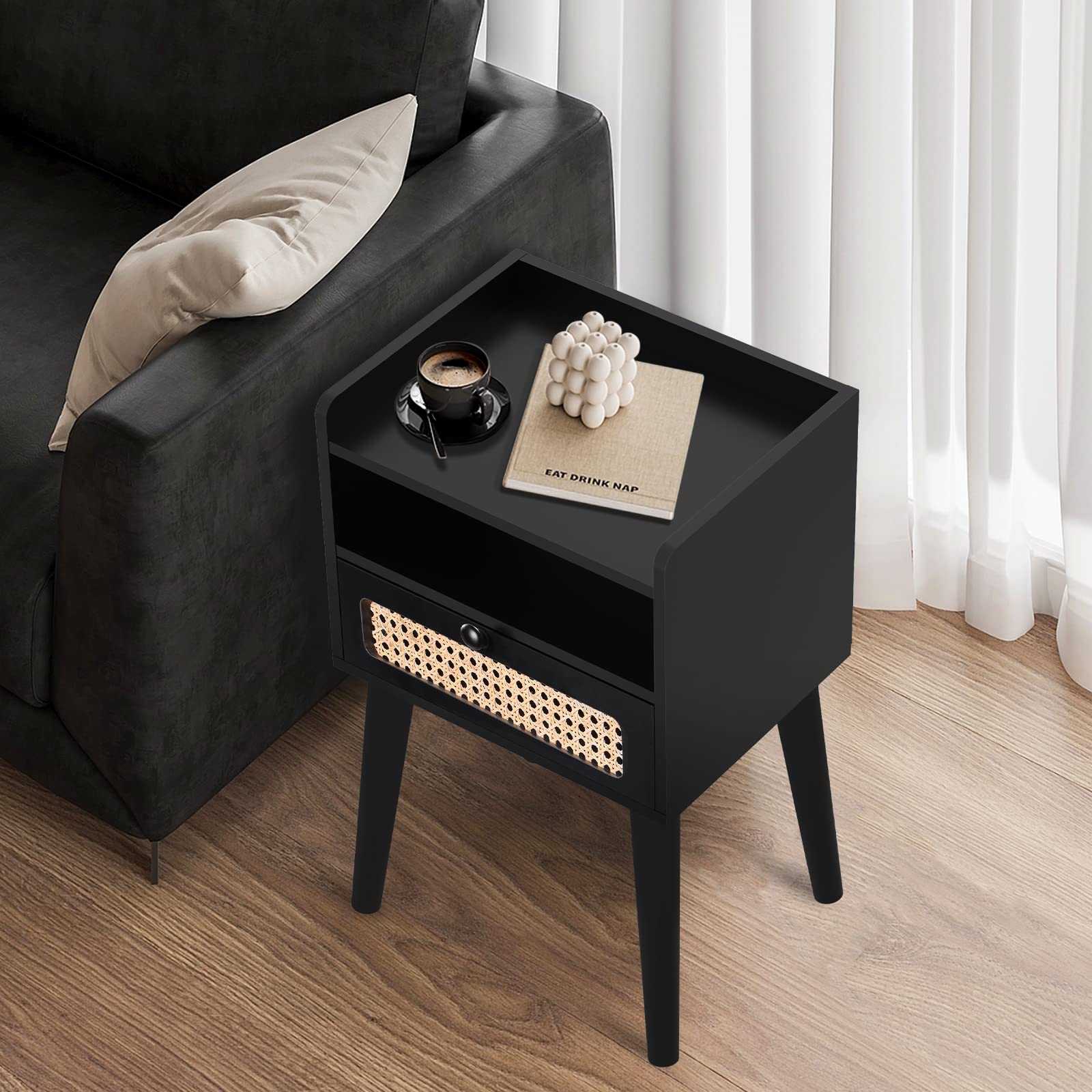 EOYUTLLY Nightstand with Charging Station Side Table with Rattan Drawer Storage, Bedside Table with USB Ports Modern Wooden End Table for Living Room, Bedroom and Small Space, Black