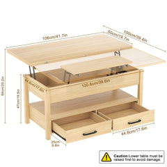 Lift Top Coffee Table, 3-in-1 Multifunctional Coffee Table with Drawers and Hidden Compartments, Coffee Table Converts to Dining Table, for Living Room, Dining Reception Room, Wood