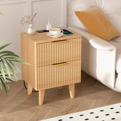 Urban Deco Nightstand with Charging Station, Small Wooden Bedside Table with Storage Drawer, Modern End Side Table with 2 Wood Fluted Drawers for Bedroom (Natural)