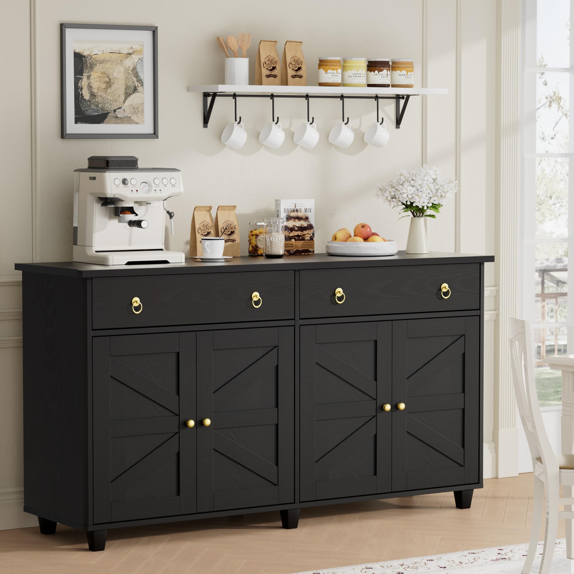 Buffet Cabinet with Storage, 55”Large Coffee Bar Cabinet with 2 Drawers and 4 Barn Doors, Adjustable Shelf, Modern Farmhouse Sideboard Buffet for Kitchen, Living Room, Black