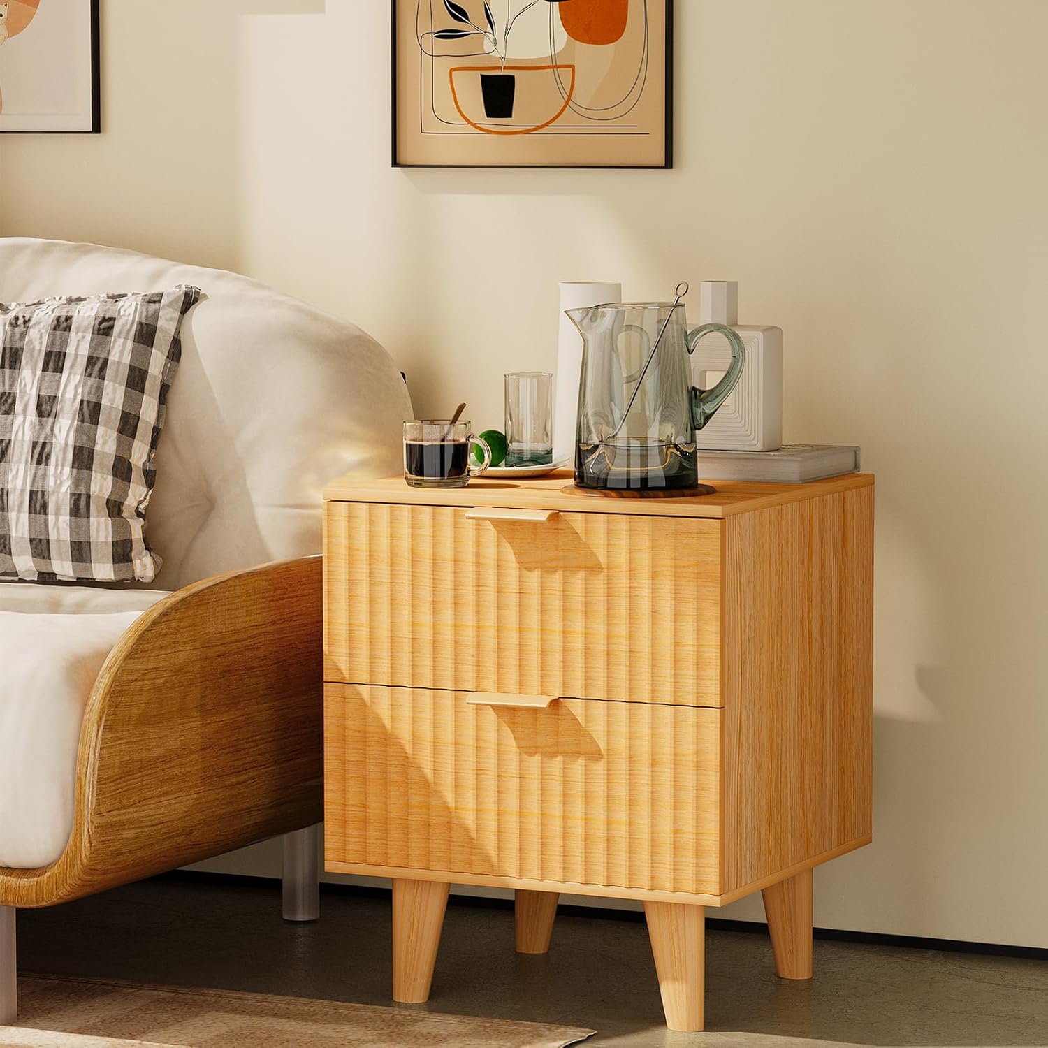 Urban Deco Nightstand Set of 2, Mid Century Modern Nightstand with 2 Storage Drawers, Wooden End Table with 2 Fluted Drawers, Bedside Table with Solid Wood Legs for Bedroom (Natural)