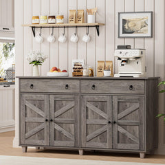 Buffet Cabinet with Storage, 55”Large Coffee Bar Cabinet with 2 Drawers and 4 Barn Doors, Adjustable Shelf, Modern Farmhouse Sideboard Buffet for Kitchen, Living Room, Grey