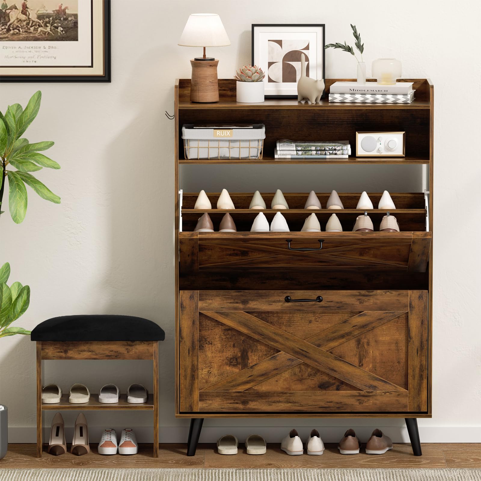EOYUTLLY Shoe Cabinet Storage for Entryway, Narrow Shoe Rack Cabinet with 3 Flip Drawers & Coat Rack, Hidden Shoe Storage Cabinet, 2-in-1 Hall Tree Slim Freestanding Shoe Rack Organizer, Rustic Brown