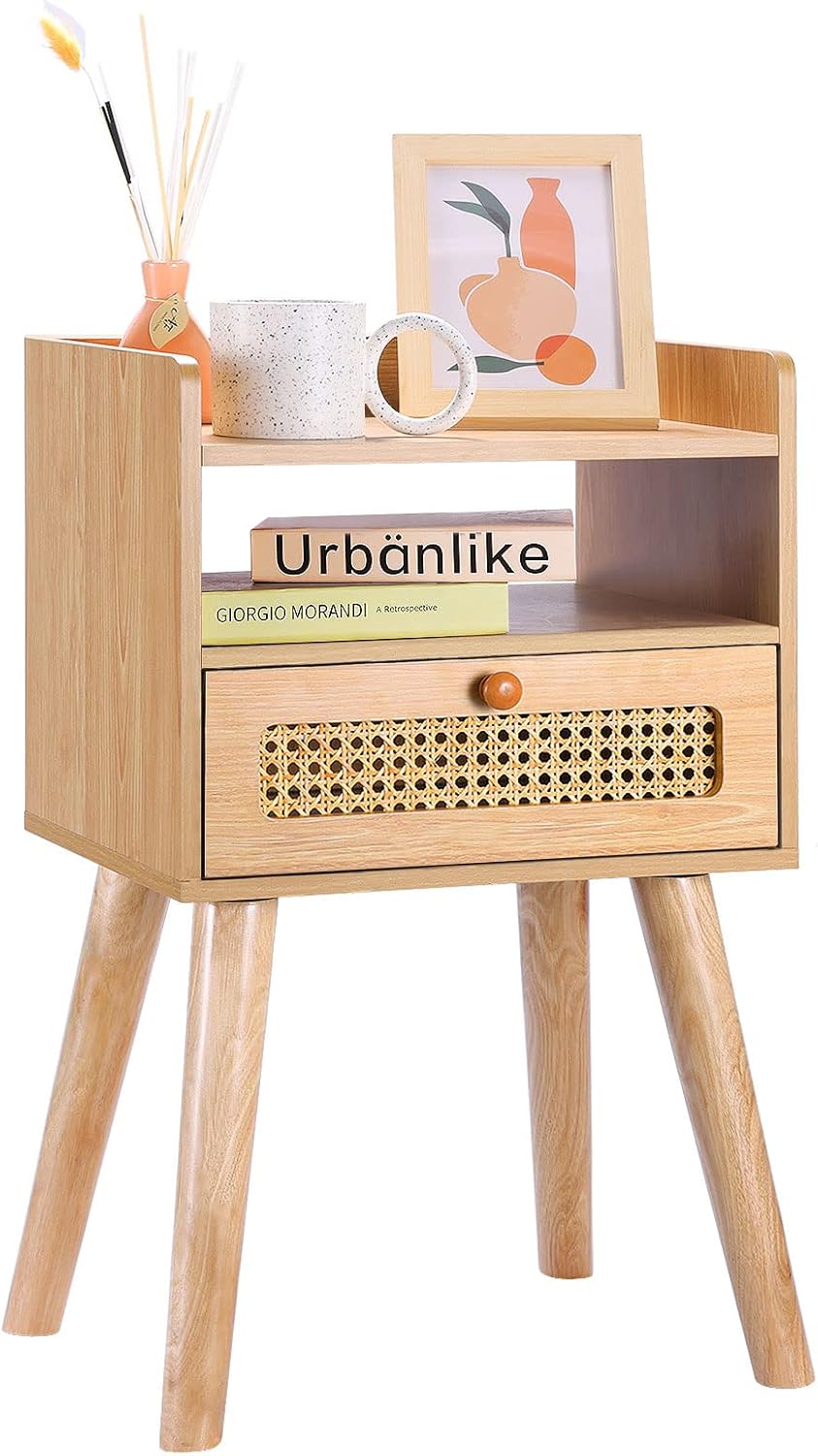 Urban Deco Nightstand,Wooden Bedside Table with Fabric Drawer,Modern End Table for Bedroom and Living Room.