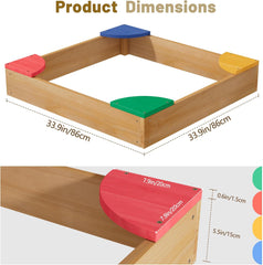 Kids Wooden Sandbox with Colorful Seats, Outdoor Sand Box for Backyard, Large Cedar Play Sandpit for Toddlers & Kids Ages 3-8