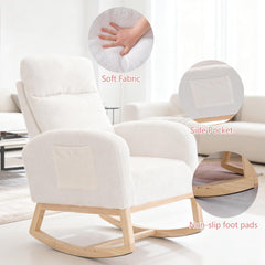 Rocking Chair, Upholstered Nursery Glider Rocking Chair with Solid Wood Legs & Side Pocket, Accent Armchair Comfy Chairs Rocking Chair Nursery for Living Room Bedroom Offices (White, Teddy)