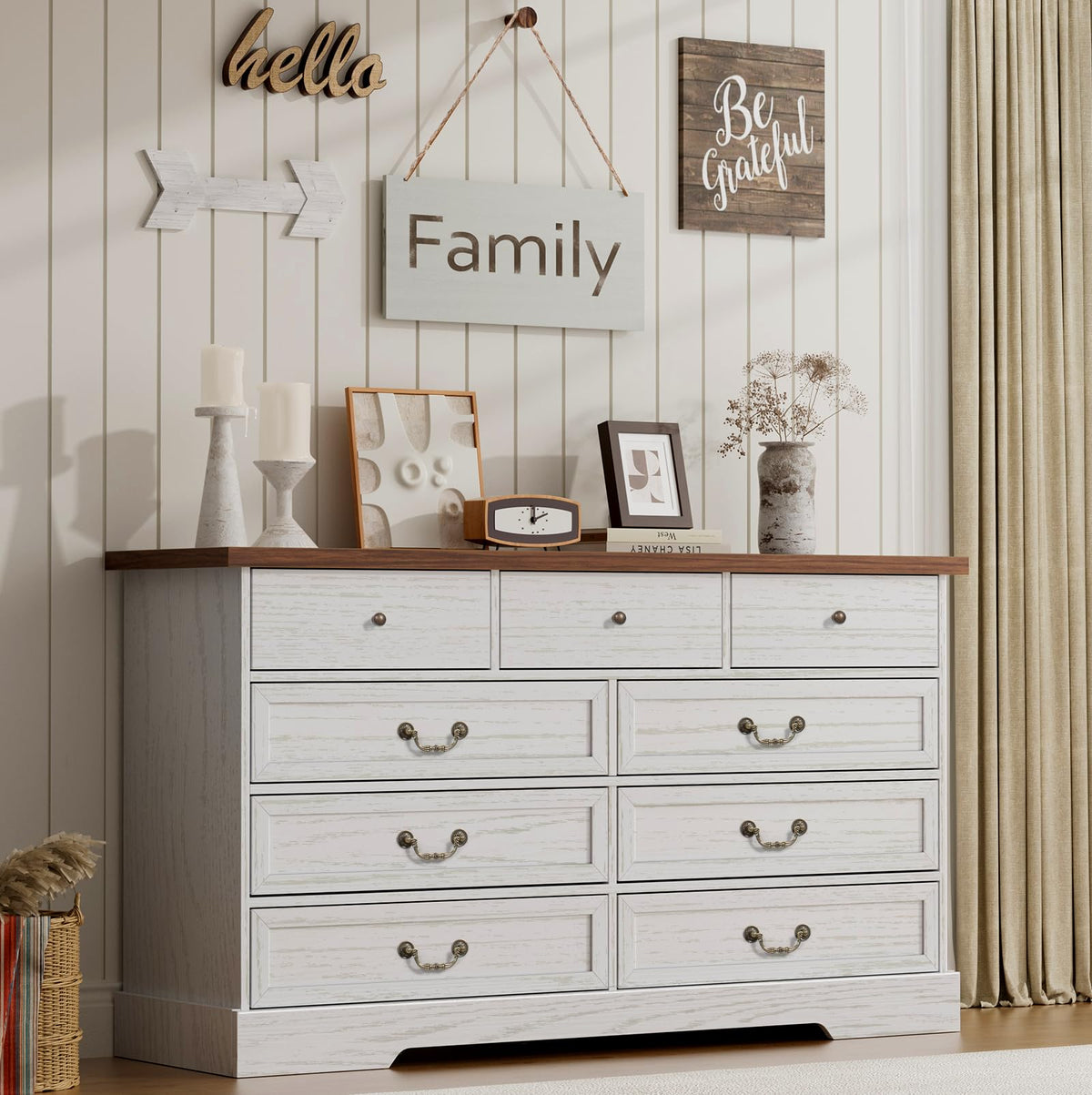 Farmhouse 9 Drawer Dresser, 55” Wood Dresser for Bedroom Wide Chests of Drawers with Large Drawers, Storage Double Dressers Organizer for Bedroom, Living Room, Hallway, Light Grey