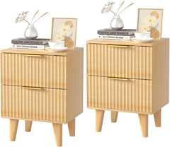 Urban Deco Nightstand Set of 2, Mid Century Modern End Table with 2 Fluted Drawers, Small Bedside Table with Storage End Side Table for Bedroom (Natural), No Charging Station-2pk