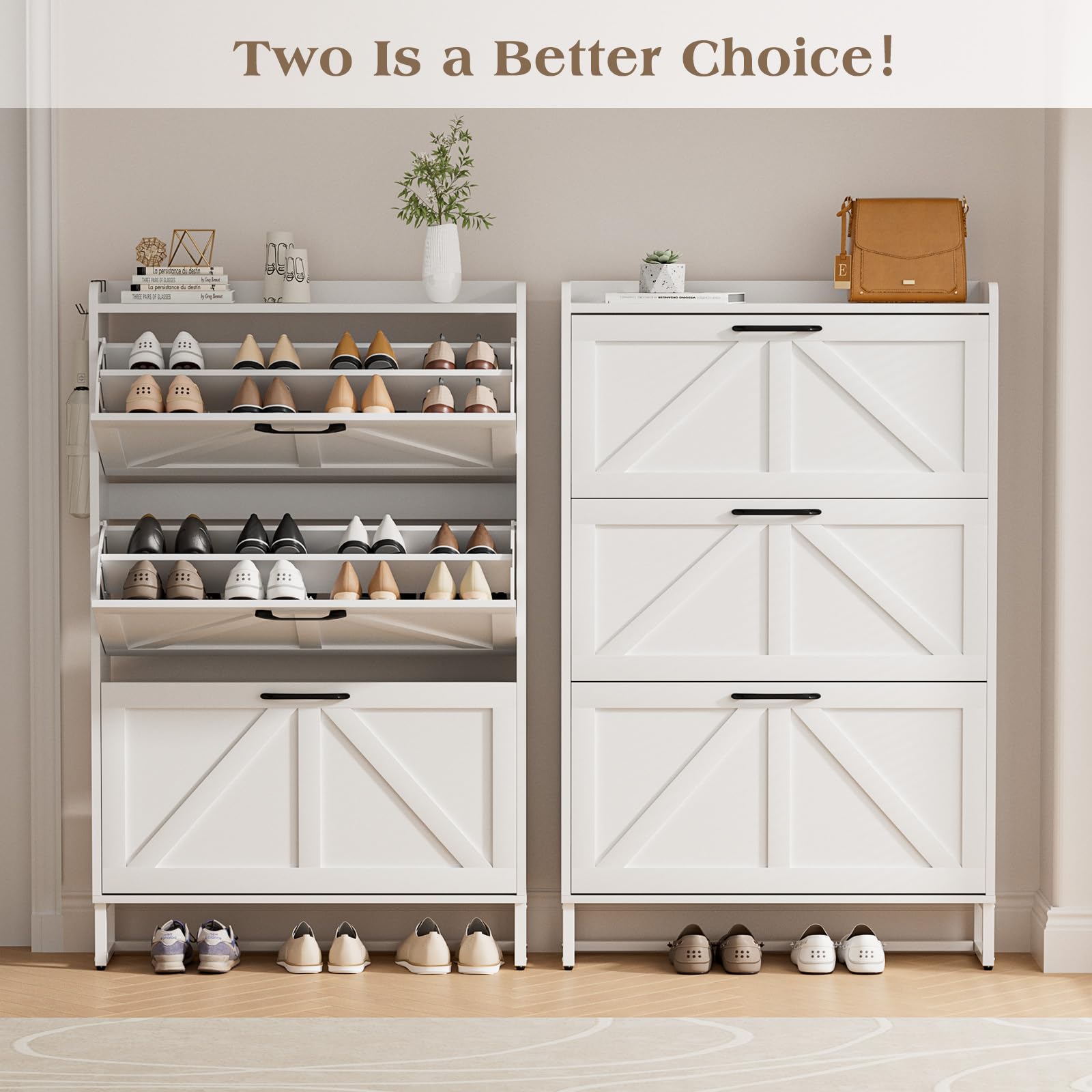EOYUTLLY Shoe Cabinet Storage for Entryway, Narrow Shoe Rack Cabinet with 3 Flip Drawers & Coat Rack, Hidden Shoe Storage Cabinet, 2-in-1 Hall Tree Slim Freestanding Shoe Rack Organizer, Rustic Brown