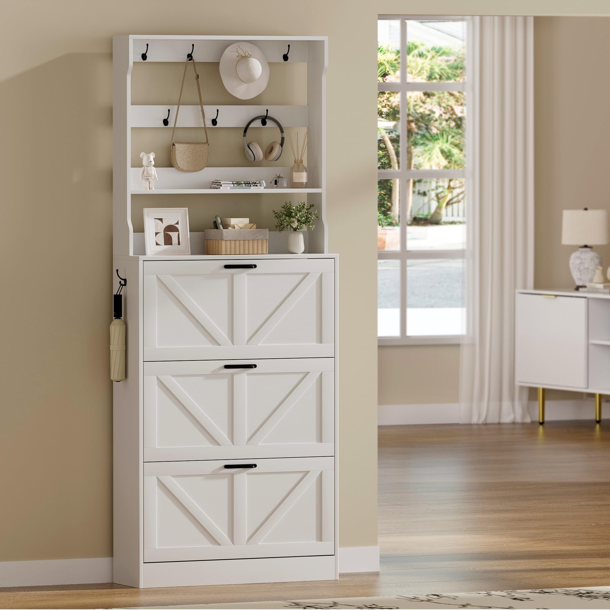 EOYUTLLY Shoe Cabinet for Entryway with 2 Flip Drawers,Narrow Wooden Shoe Storage Cabinet with Metal Legs,Hold 24 Pairs, 4-Tier Adjustable Shelves–Freestanding Hidden Shoe Organizer for Hallway, Foyer