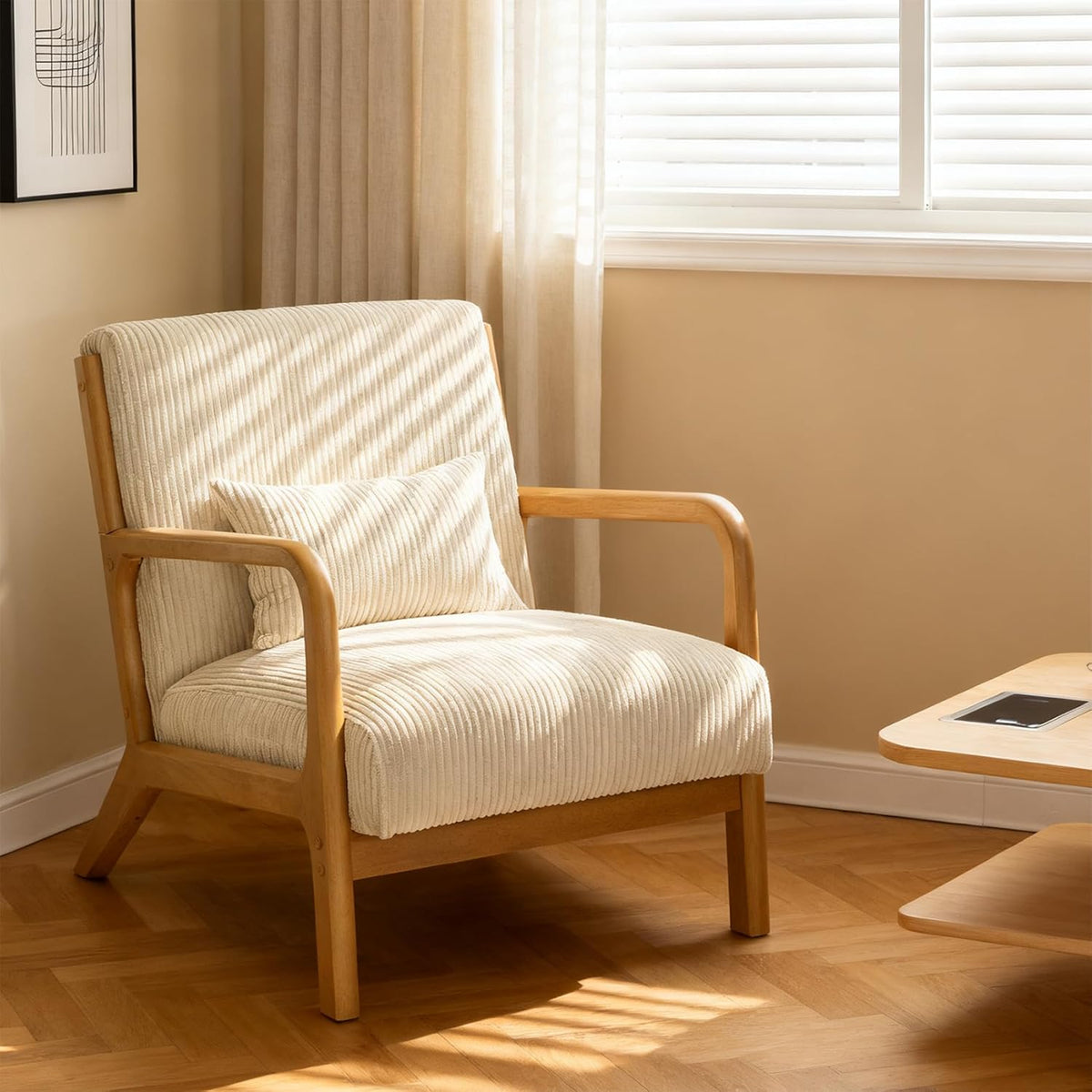 Mid Century Modern Accent Chairs, Upholstered Corduroy Fabric Lounge Arm Chair with Lumbar Cushion & Solid Wood Frame for for Living Room, Bedroom, Balcony, Camel