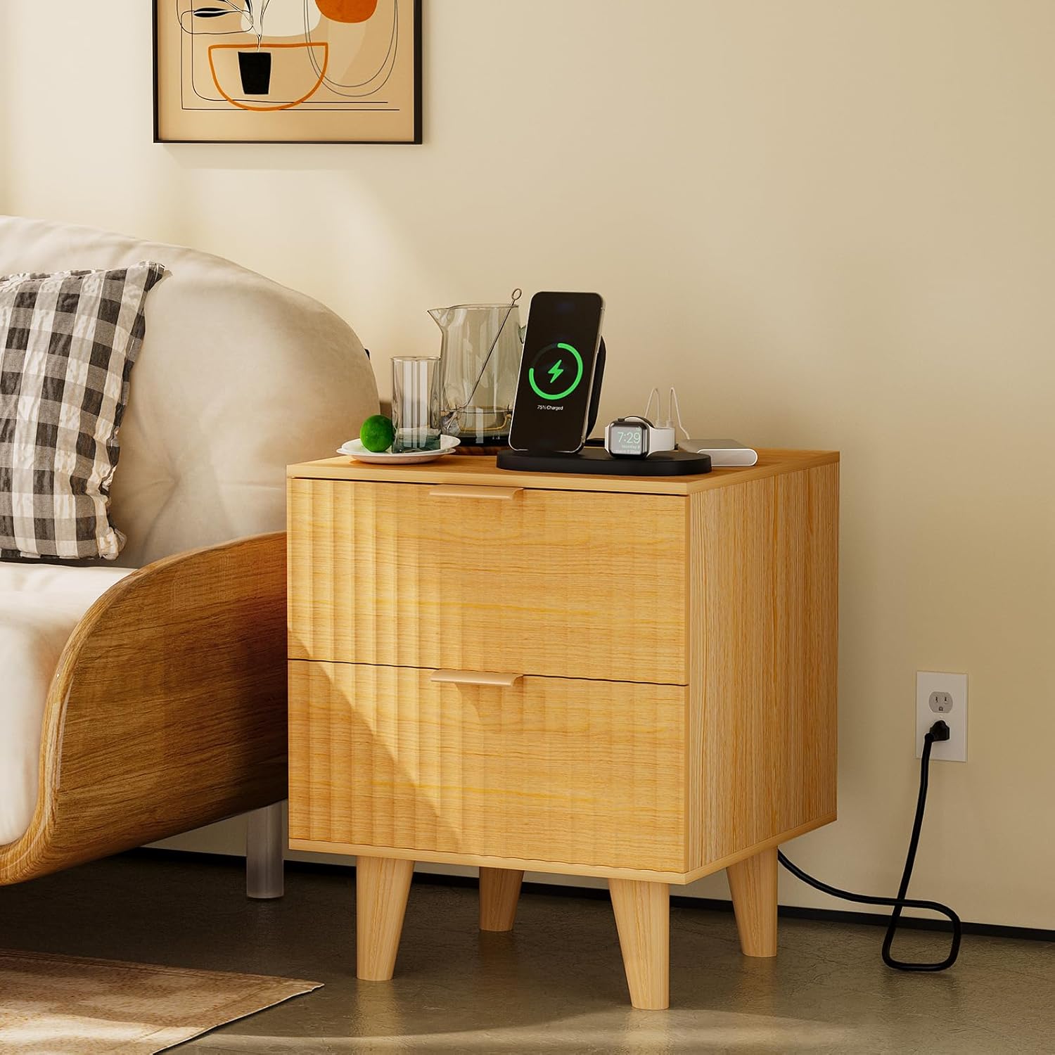 Urban Deco Fluted Nightstand with Charging Station, Mid Century Modern Nightstand, Wooden Side Table with 2 Fluted Drawers, End Table with Solid Wood Legs for Bedroom, 15.4 x 15.4 x 22.8 in (Natural)