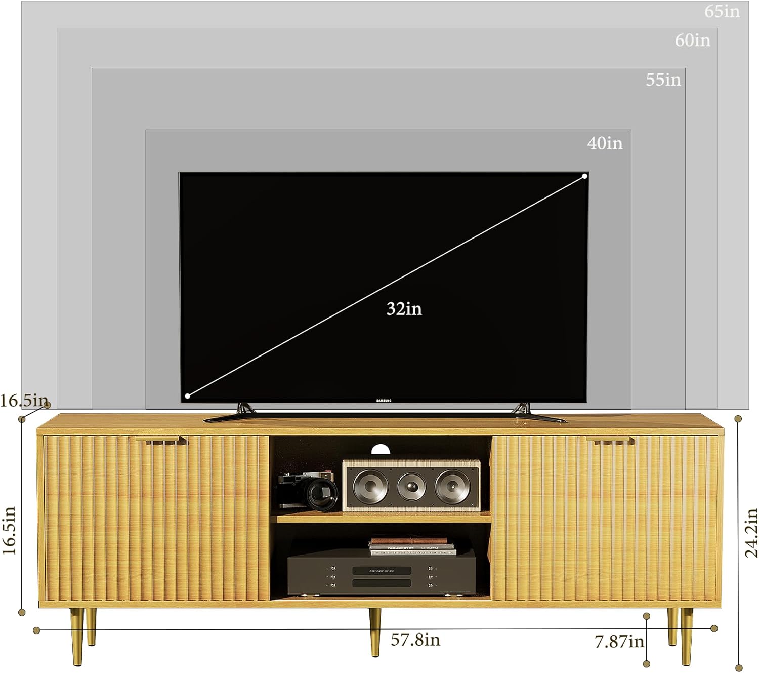 TV Stand for 65 Inch TV, Boho Entertainment Center with Storage, Fluted Waveform Doors TV Console Table with Sliding Doors & Adjustable Shelves, Fluted TV Stand for Living Room Bedroom, Natural