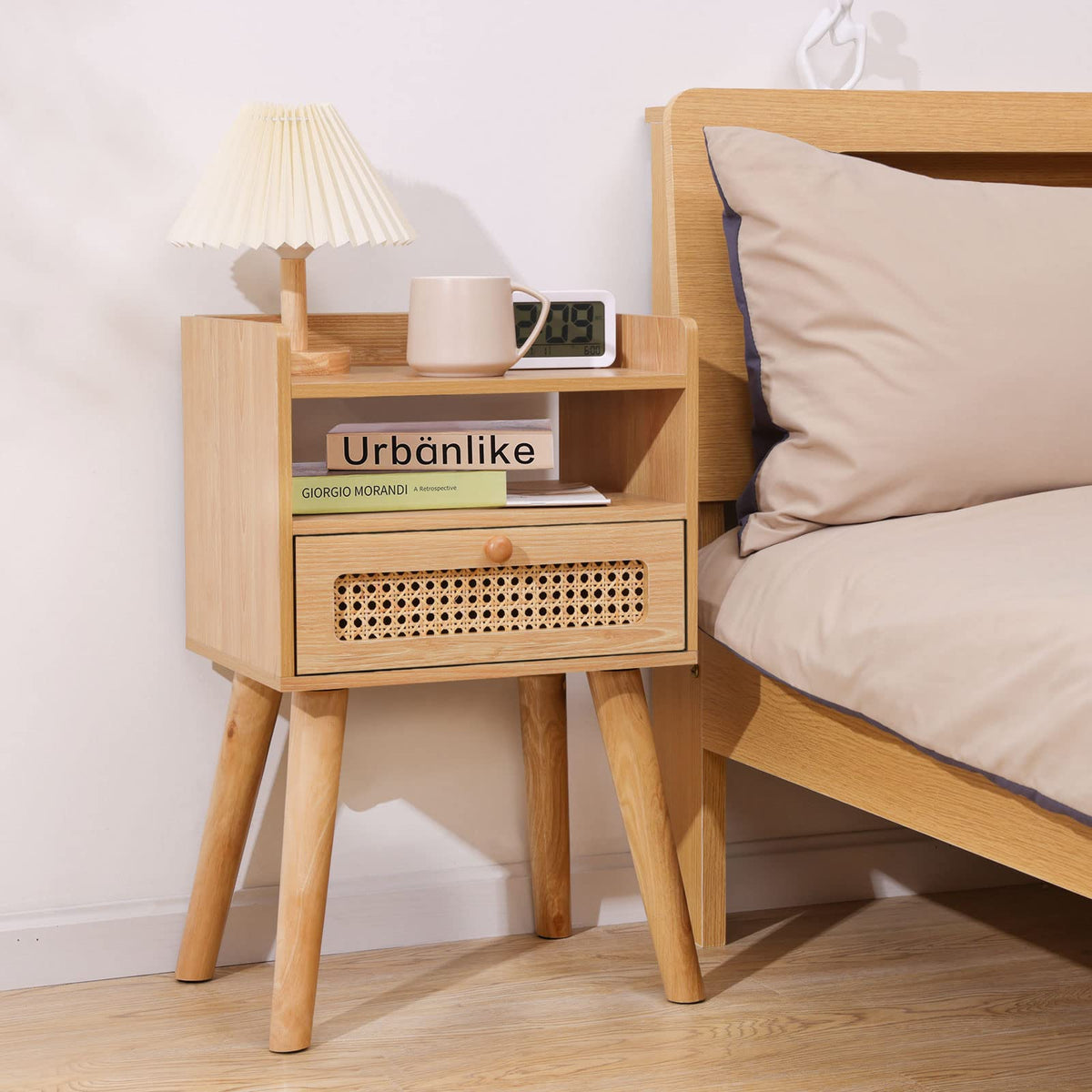 Urban Deco Nightstand,Wooden Bedside Table with Fabric Drawer,Modern End Table for Bedroom and Living Room.