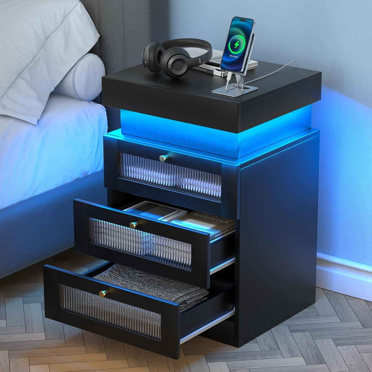 Nightstand with Charging Station, LED Nightstand with Sliding Top, Modern Black Nightstand with 3 Acrylic Drawers, Bedside Table with Storage for Bedroom, Black