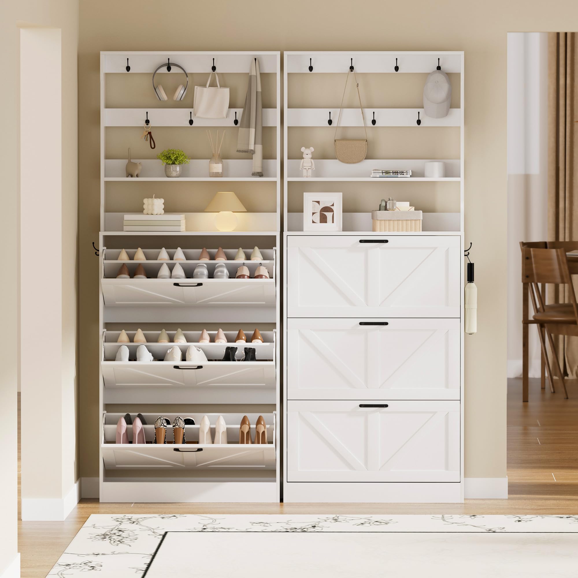 EOYUTLLY Shoe Cabinet for Entryway with 2 Flip Drawers,Narrow Wooden Shoe Storage Cabinet with Metal Legs,Hold 24 Pairs, 4-Tier Adjustable Shelves–Freestanding Hidden Shoe Organizer for Hallway, Foyer