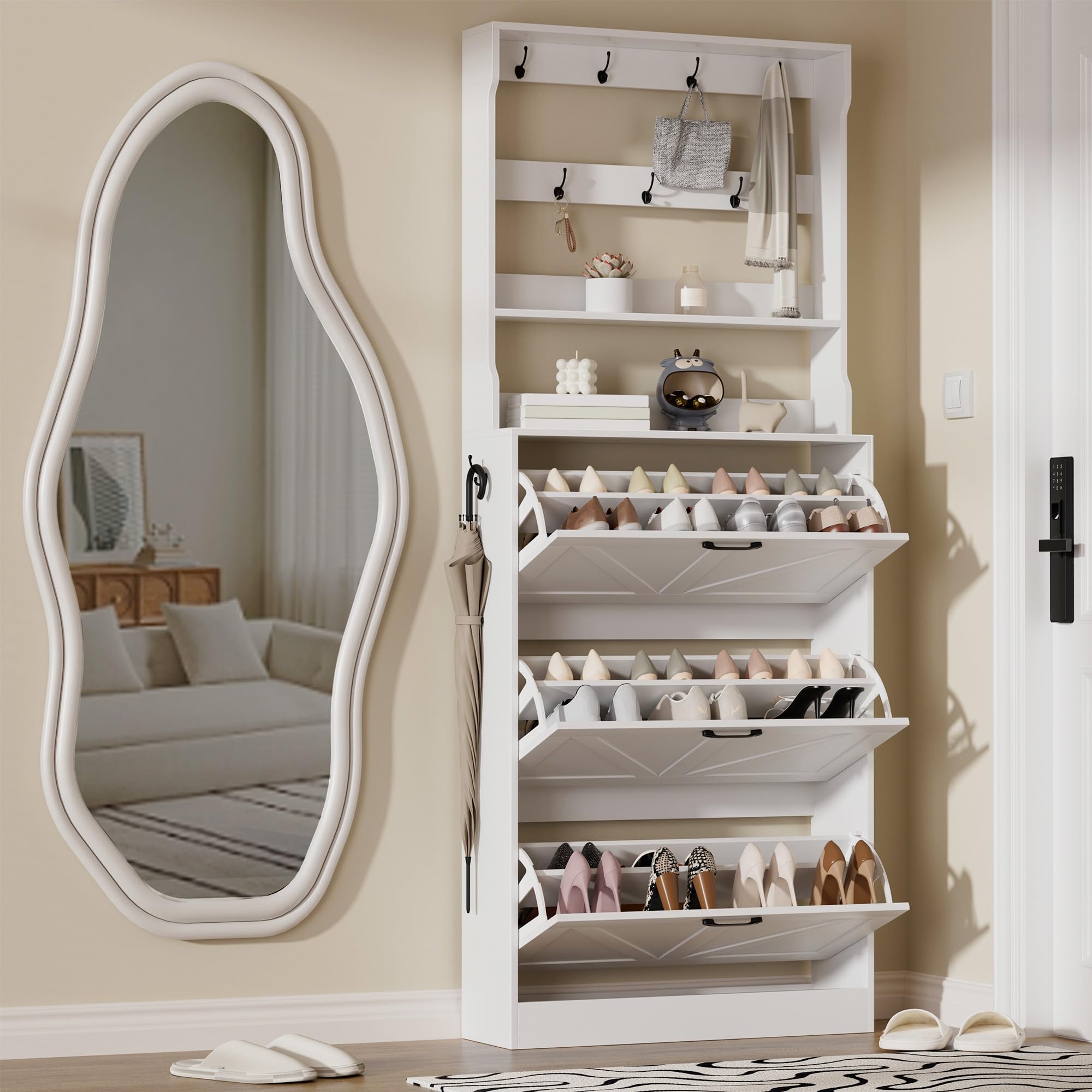 EOYUTLLY Shoe Cabinet Storage for Entryway, Narrow Shoe Rack Cabinet with 3 Flip Drawers & Coat Rack, Hidden Shoe Storage Cabinet, 2-in-1 Hall Tree Slim Freestanding Shoe Rack Organizer, Rustic Brown