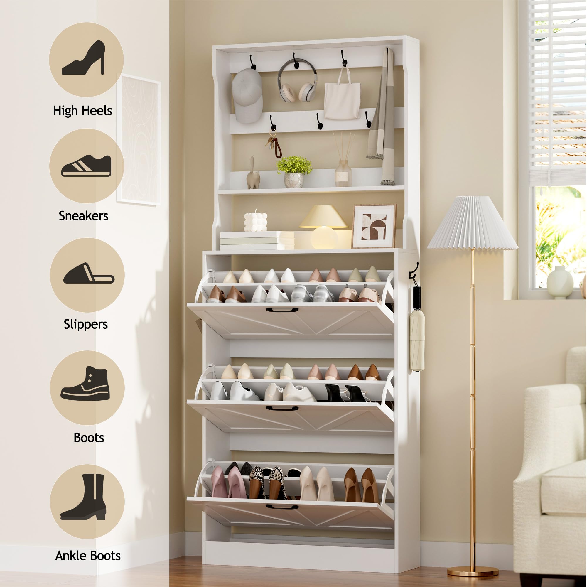 EOYUTLLY Shoe Cabinet Storage for Entryway, Narrow Shoe Rack Cabinet with 3 Flip Drawers & Coat Rack, Hidden Shoe Storage Cabinet, 2-in-1 Hall Tree Slim Freestanding Shoe Rack Organizer, Rustic Brown