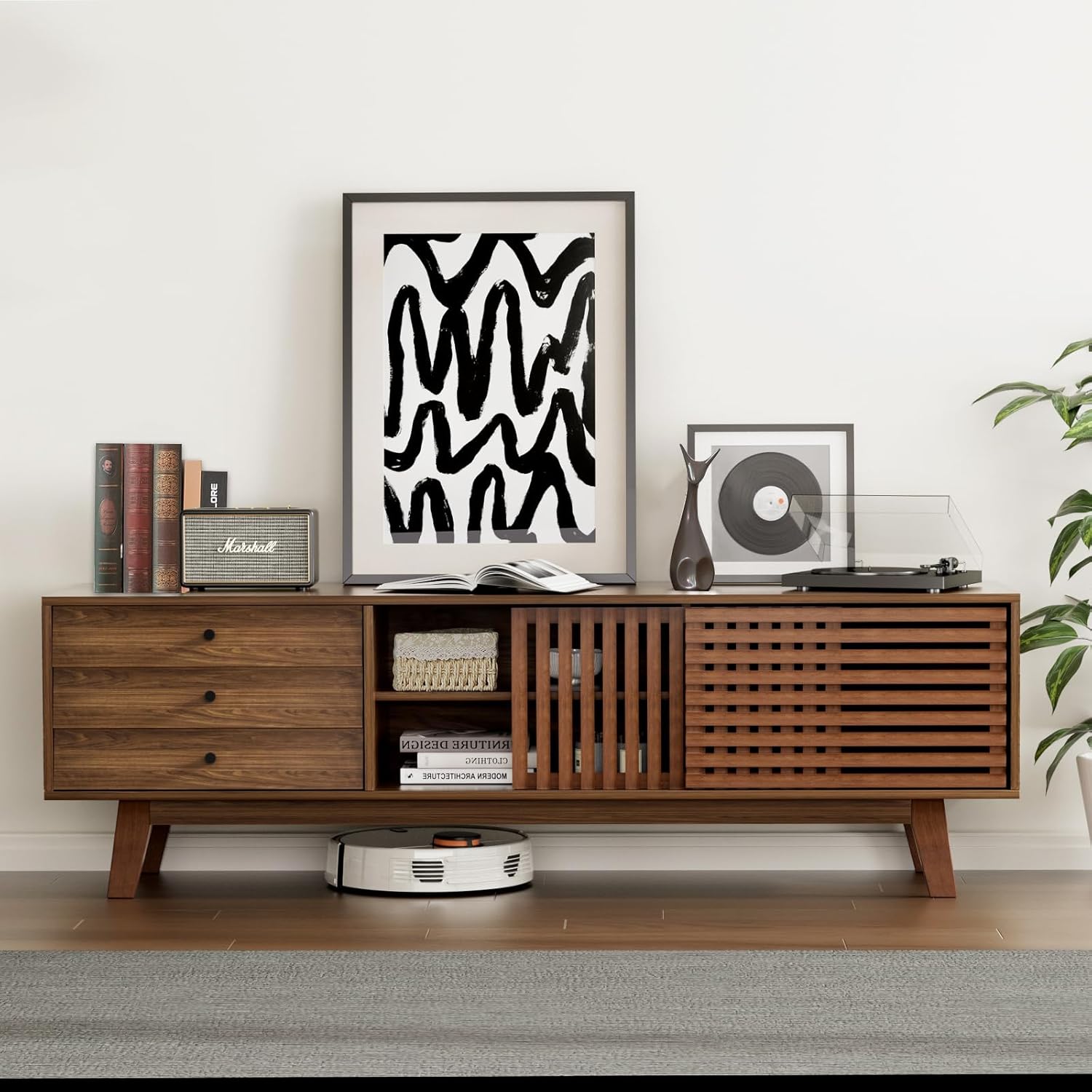 Mid Century Modern TV Stand for 65+ inch TV, TV Stand with Slatted Sliding Door and 3 Drawers, TV Console Entertainment Center with Storage for Living Room, Bedroom, Walnut