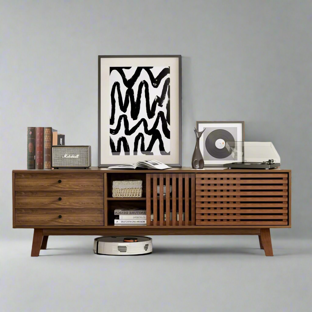 Mid Century Modern TV Stand for 65+ inch TV, TV Stand with Slatted Sliding Door and 3 Drawers, TV Console Entertainment Center with Storage for Living Room, Bedroom, Walnut