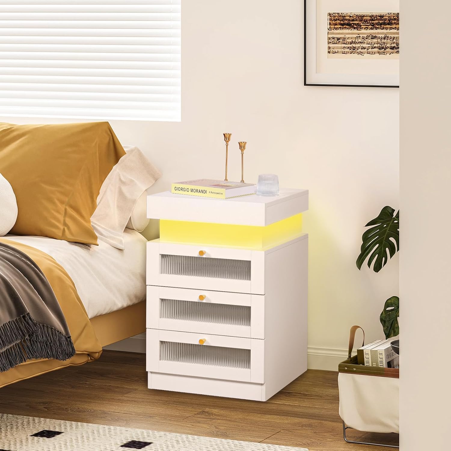 Urban Deco Nightstand with LED Light and Charging Station, Night Stand with Drawers Bedside Table with Sliding Top for Bedroom, White