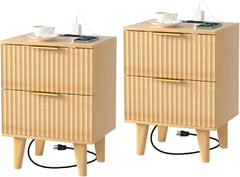 Urban Deco Nightstands Set of 2, Nightstand with Charging Station, Woodon End Table with 2 Fluted Drawers, Modern Bedside Table with Storage for Bedroom (Natural)