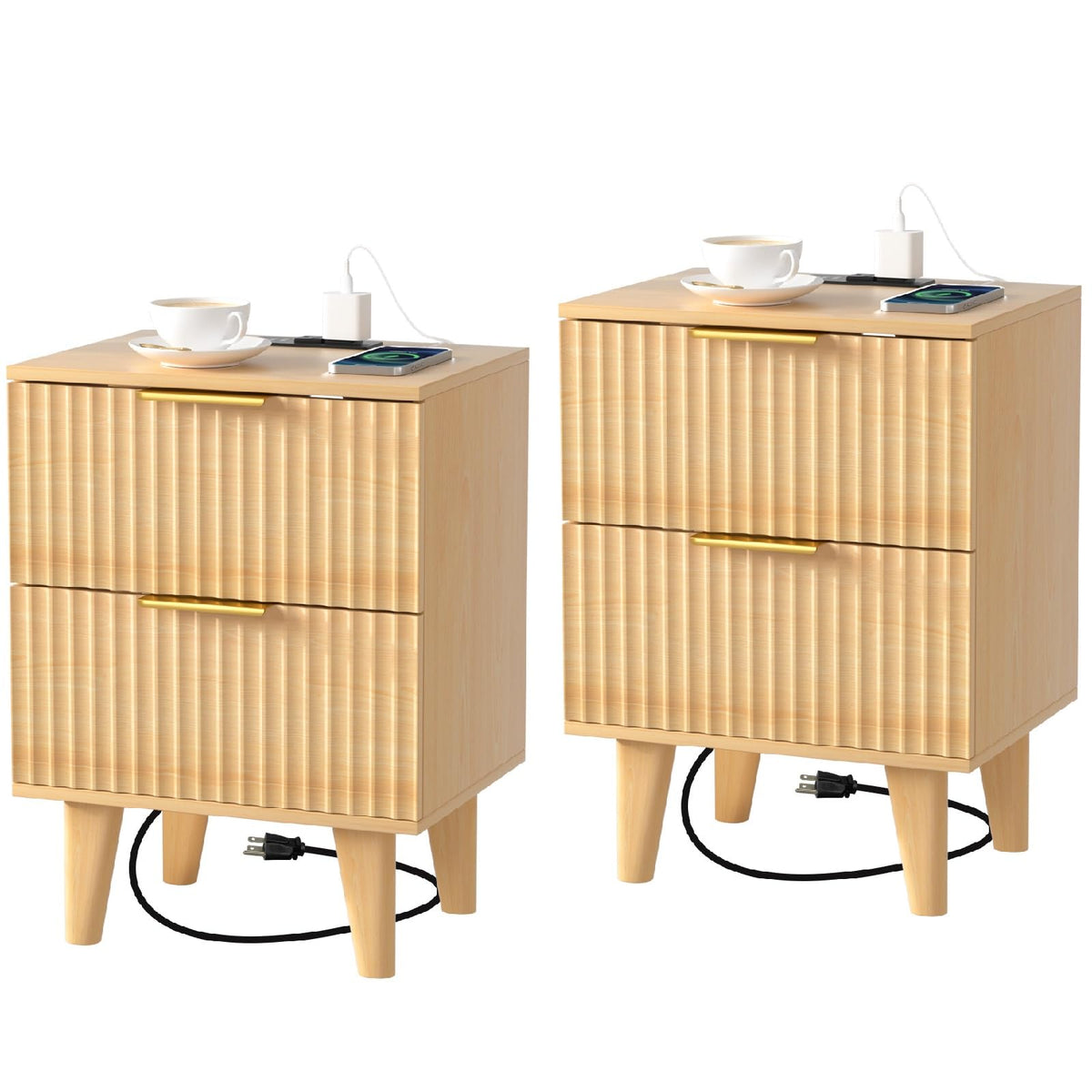 Urban Deco Nightstands Set of 2, Nightstand with Charging Station, Woodon End Table with 2 Fluted Drawers, Modern Bedside Table with Storage for Bedroom (Natural)