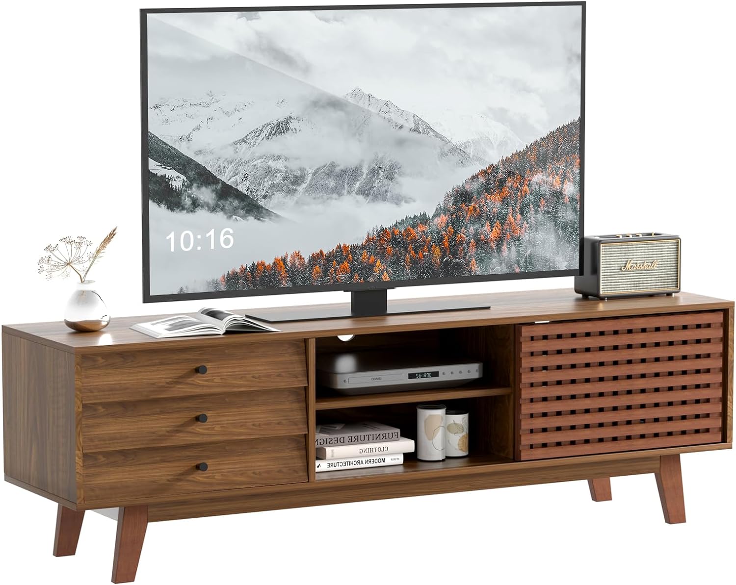 Mid Century Modern TV Stand for 65+ inch TV, TV Stand with Slatted Sliding Door and 3 Drawers, TV Console Entertainment Center with Storage for Living Room, Bedroom, Walnut