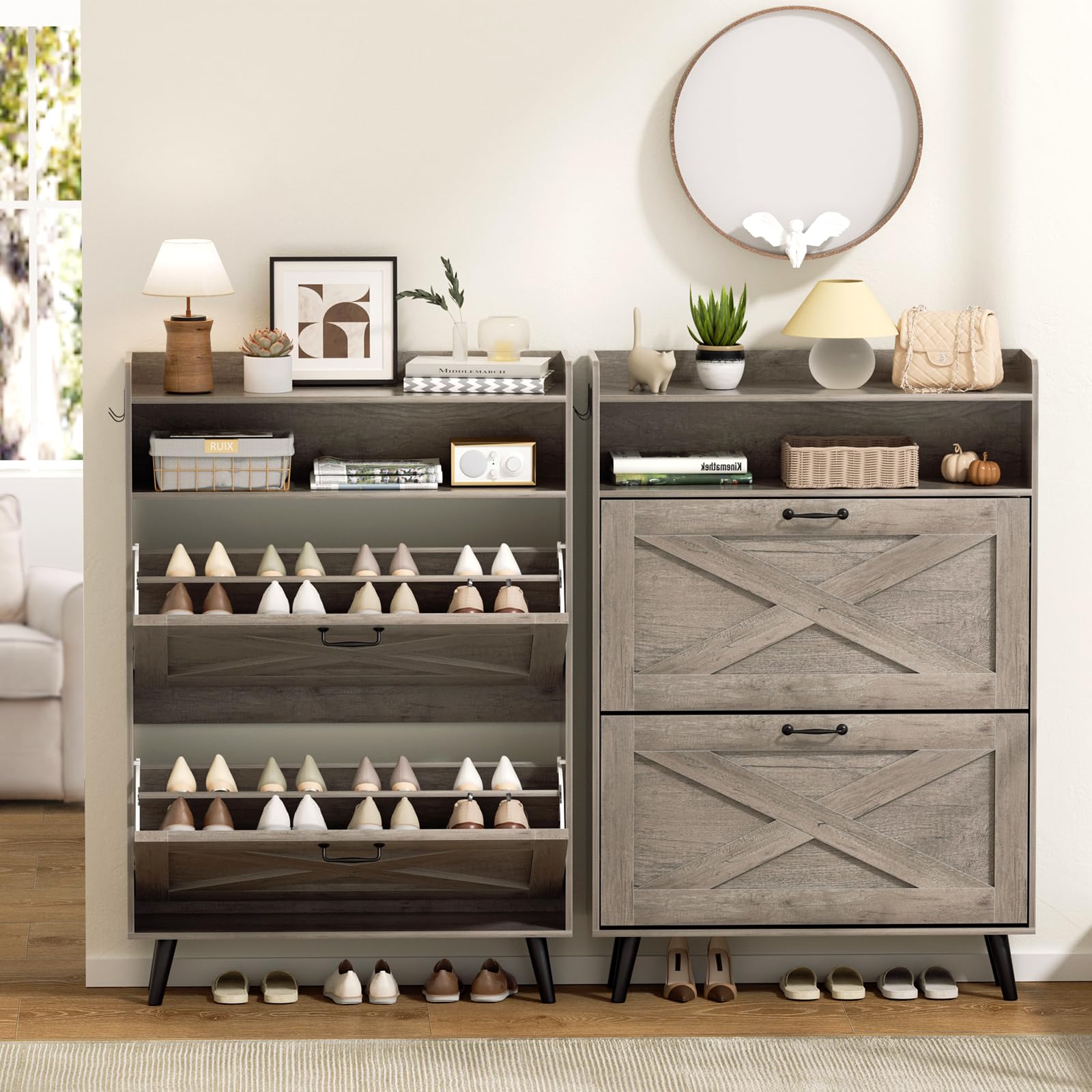 EOYUTLLY Shoe Cabinet Storage for Entryway, Narrow Shoe Rack Cabinet with 3 Flip Drawers & Coat Rack, Hidden Shoe Storage Cabinet, 2-in-1 Hall Tree Slim Freestanding Shoe Rack Organizer, Rustic Brown