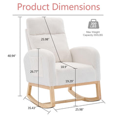 Rocking Chair, Upholstered Nursery Glider Rocking Chair with Solid Wood Legs & Side Pocket, Accent Armchair Comfy Chairs Rocking Chair Nursery for Living Room Bedroom Offices (White, Teddy)