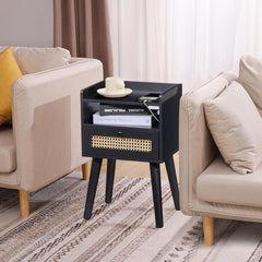 Urban Deco Nightstand,Wooden Bedside Table with Fabric Drawer,Modern End Table for Bedroom and Living Room.(Black)