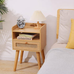EOYUTLLY Rattan Nightstand Side Table with Storage Drawer and Open Shelf, Bedside Table for Solid Wood Legs, Modern End Table for Living Room, Bedroom and Small Space, Natural