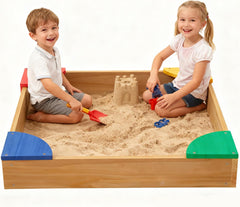 Kids Wooden Sandbox with Colorful Seats, Outdoor Sand Box for Backyard, Large Cedar Play Sandpit for Toddlers & Kids Ages 3-8