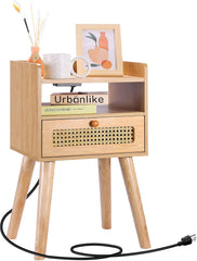 Urban Deco Nightstand with Charging Station,Wooden Bedside Table with Drawer,Modern End Table for Bedroom and Living Room.