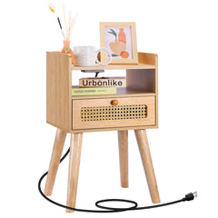 Urban Deco Nightstand with Charging Station,Wooden Bedside Table with Drawer,Modern End Table for Bedroom and Living Room.