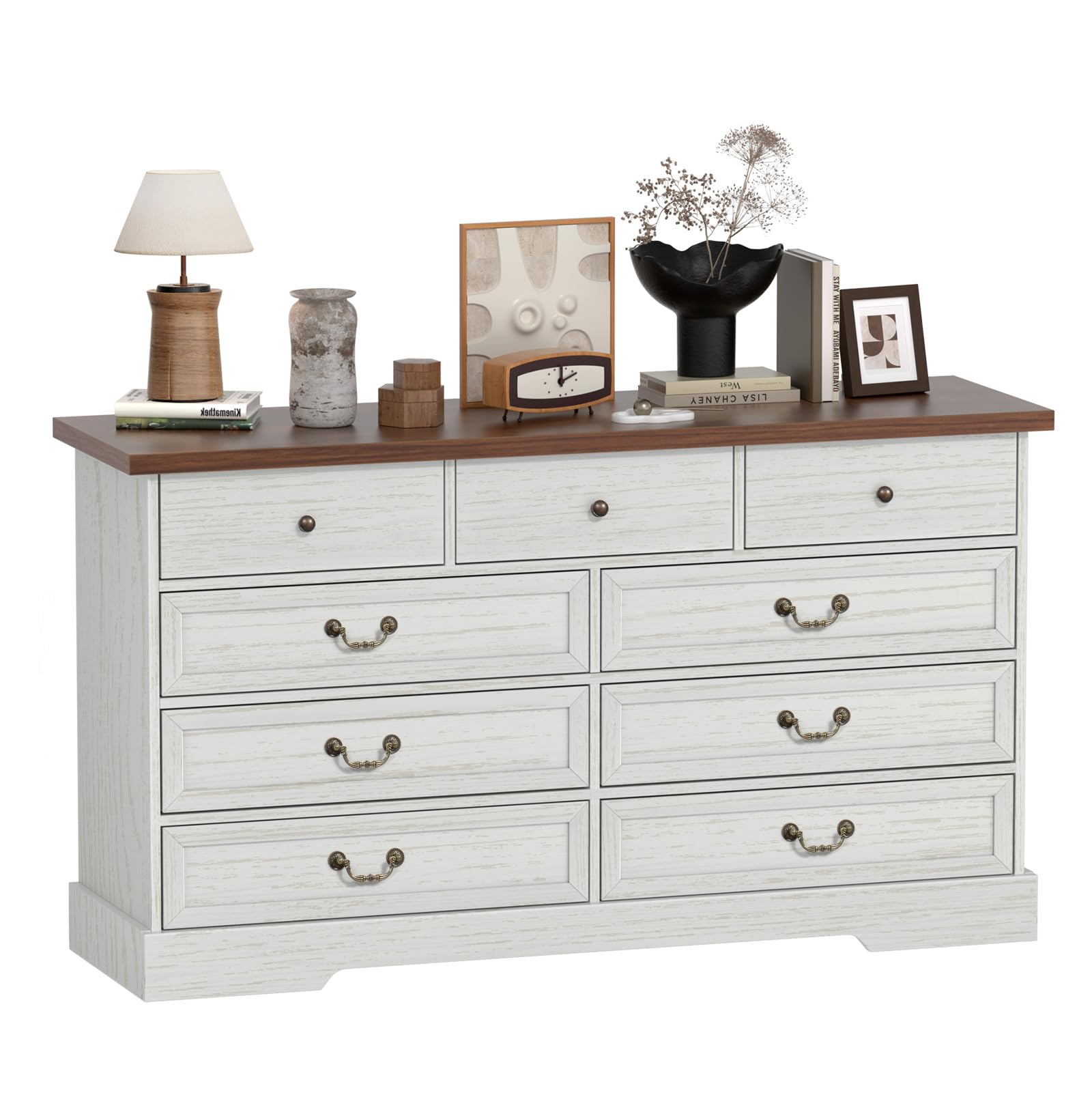 Farmhouse 9 Drawer Dresser, 55” Wood Dresser for Bedroom Wide Chests of Drawers with Large Drawers, Storage Double Dressers Organizer for Bedroom, Living Room, Hallway, Light Grey