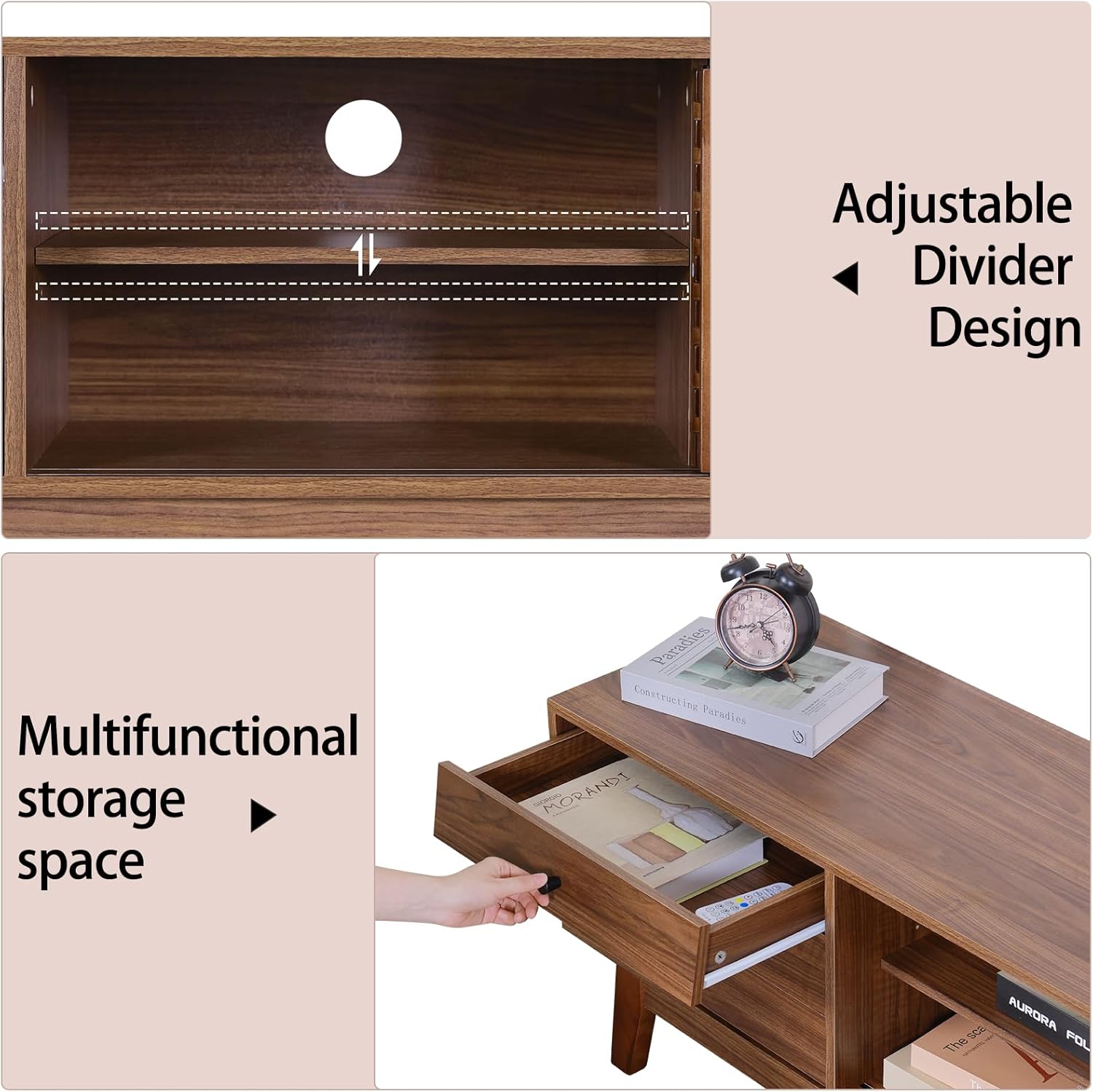 EOYUTLLY TV Stand for 55 59 65 inch TV, Living Room Entertainment Center with Storage 3 Drawers Adjustable Shelves 2 Smooth Sliding Doors Sturdy Wood Legs Floating TV Stand for Living Room