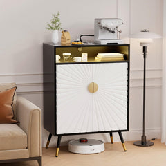 EOYUTLLY Sideboard Buffet Cabinet with Charging Station & LED Light, Accent Cabinet with Adjustable Shelves & Decorative Doors & Gold Handles for Entryway, Living Room, Dining Room, Black & White