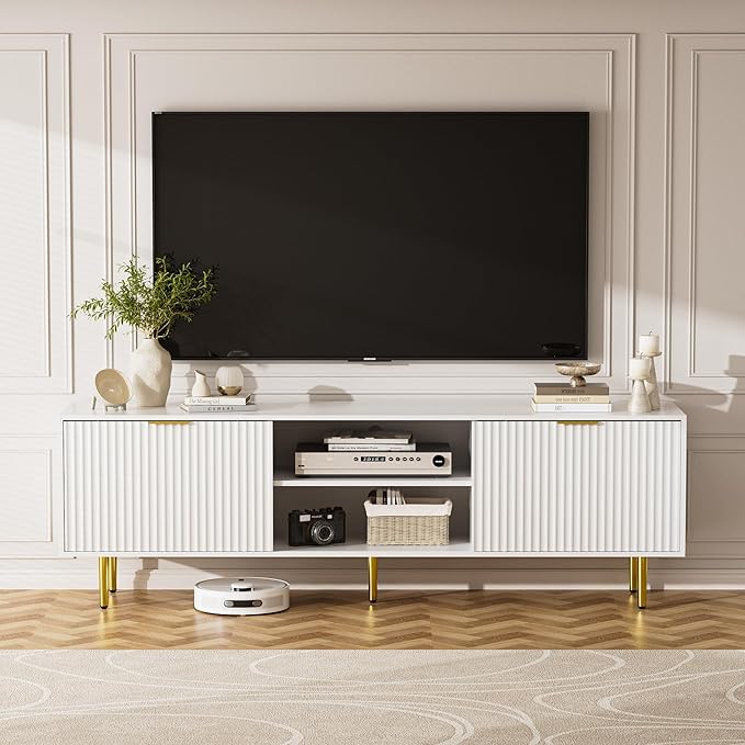 TV Stand for 75 Inch TV, Fluted TV Stands with Sliding Doors, White Modern Entertainment Center TV Console Table with Adjustable Shelves, TV Stand for Living Room Bedroom, White